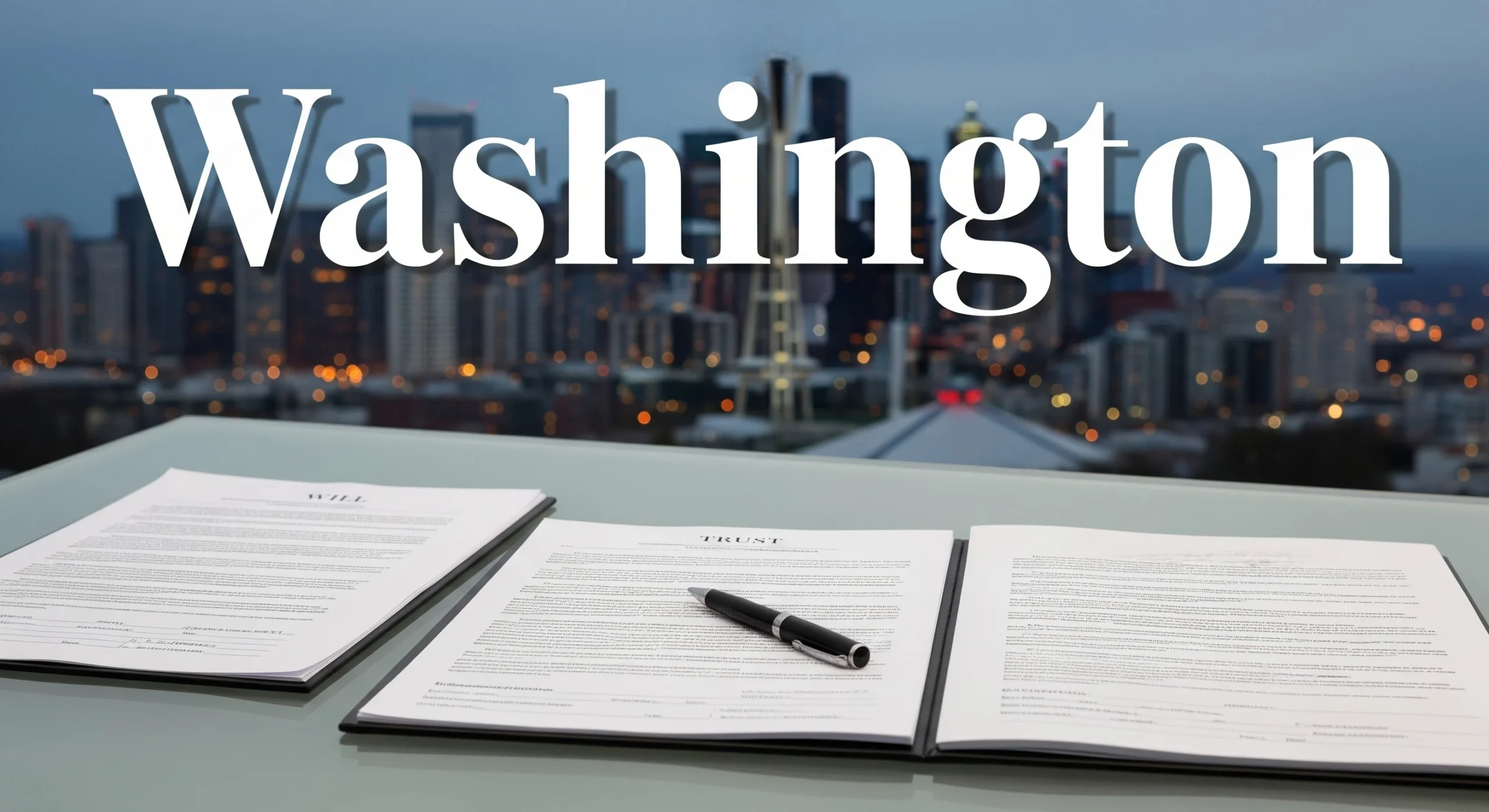 Estate planning documents on a desk with Seattle skyline in the background