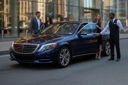 A chauffeur opens the door of a dark blue Mercedes S-Class for a woman on a city street, with a couple standing by the other side of the car.