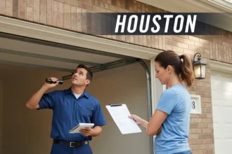 Garage door technician inspecting a Houston-area home garage door while homeowner reviews an itemized estimate