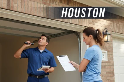 Garage door technician inspecting a Houston-area home garage door while homeowner reviews an itemized estimate