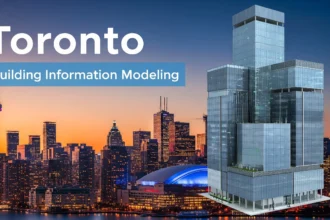 BIM 3D building model overlay on Toronto skyline showing early-stage massing and cost data.