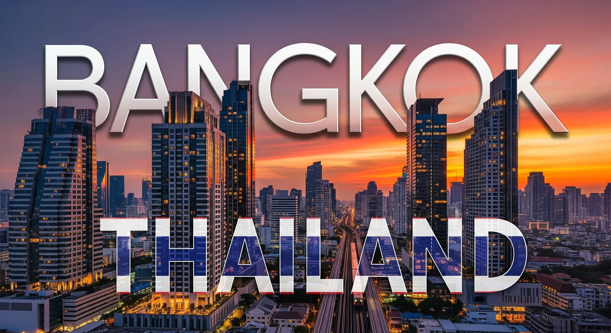 Bangkok luxury condo skyline with BTS Skytrain at sunset