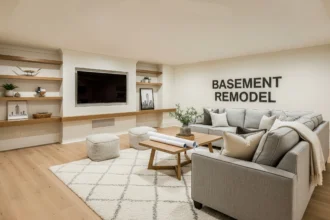 Finished basement remodel in a Dallas home during winter with warm lighting and a media wall