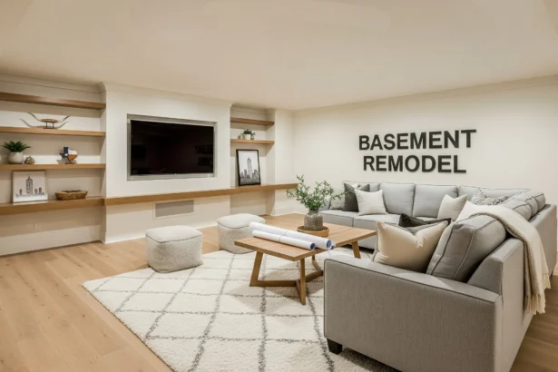 Finished basement remodel in a Dallas home during winter with warm lighting and a media wall