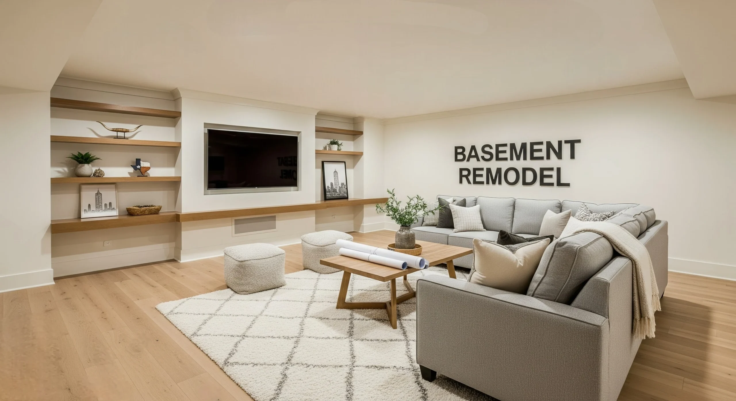 Finished basement remodel in a Dallas home during winter with warm lighting and a media wall