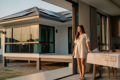 Modern house construction in Thailand with architect plans, raised foundation, tinted windows, and solar-ready roof.