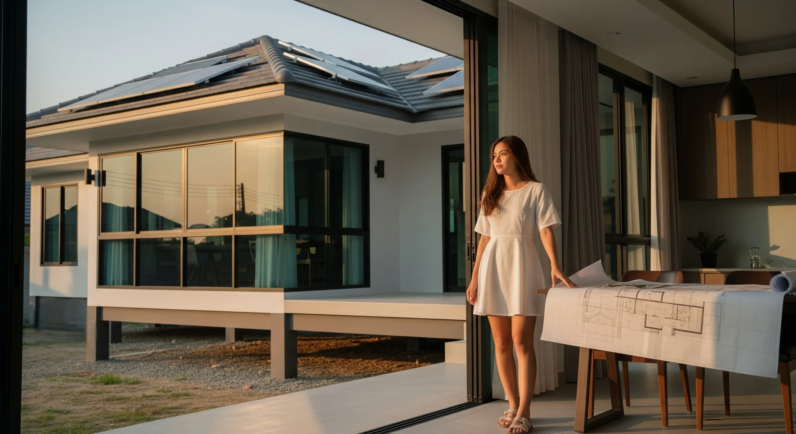 Modern house construction in Thailand with architect plans, raised foundation, tinted windows, and solar-ready roof.