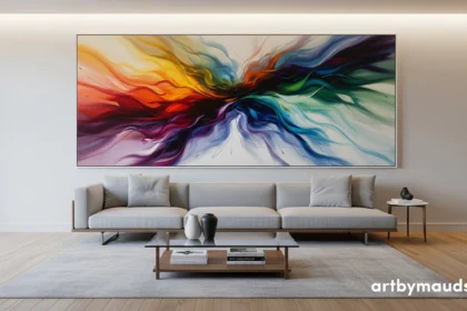 Abstract wall art with warm and cool tones in a staged Dallas living room