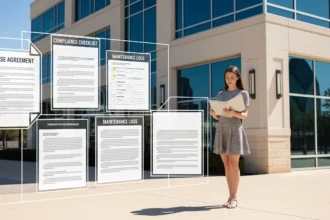 Dallas commercial property owner reviewing lease, compliance checklist, maintenance logs, and insurance coverage