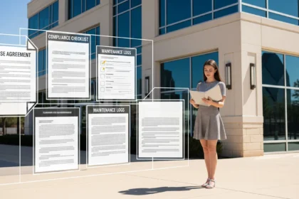 Dallas commercial property owner reviewing lease, compliance checklist, maintenance logs, and insurance coverage