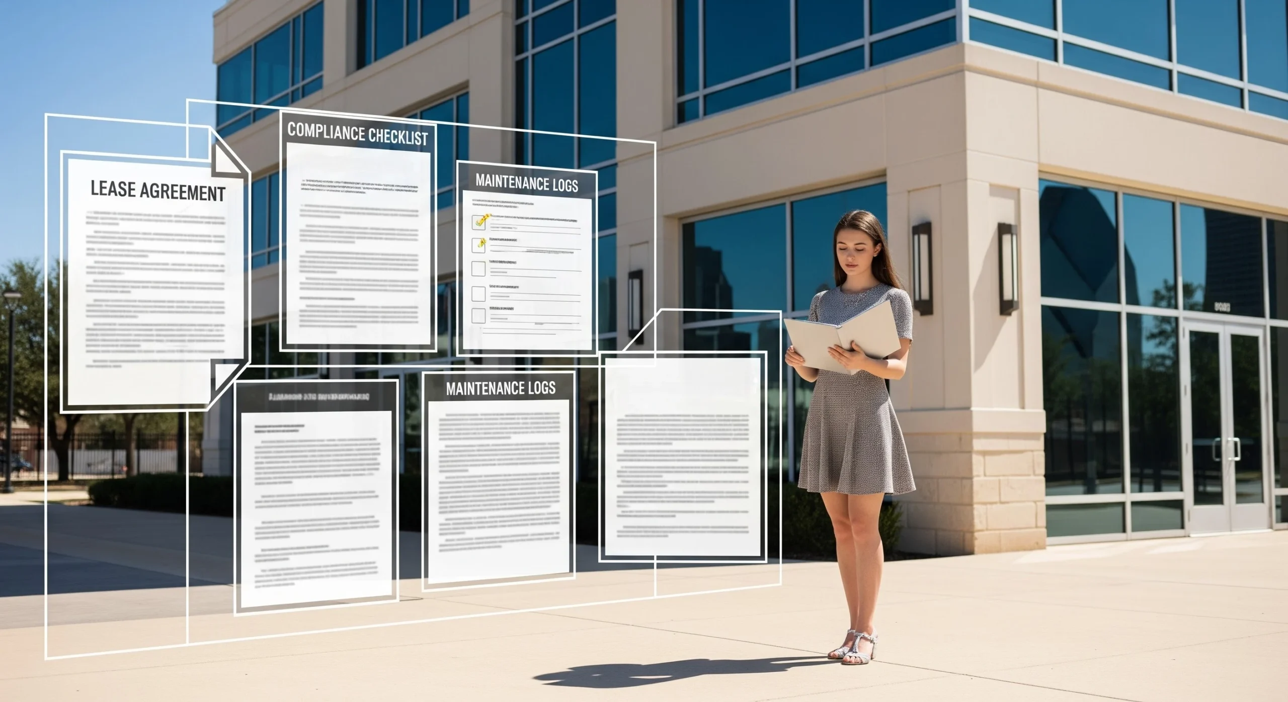 Dallas commercial property owner reviewing lease, compliance checklist, maintenance logs, and insurance coverage