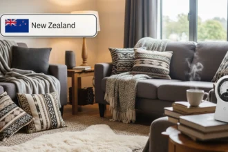 Comfortable New Zealand living room with warm textiles and hygrometer