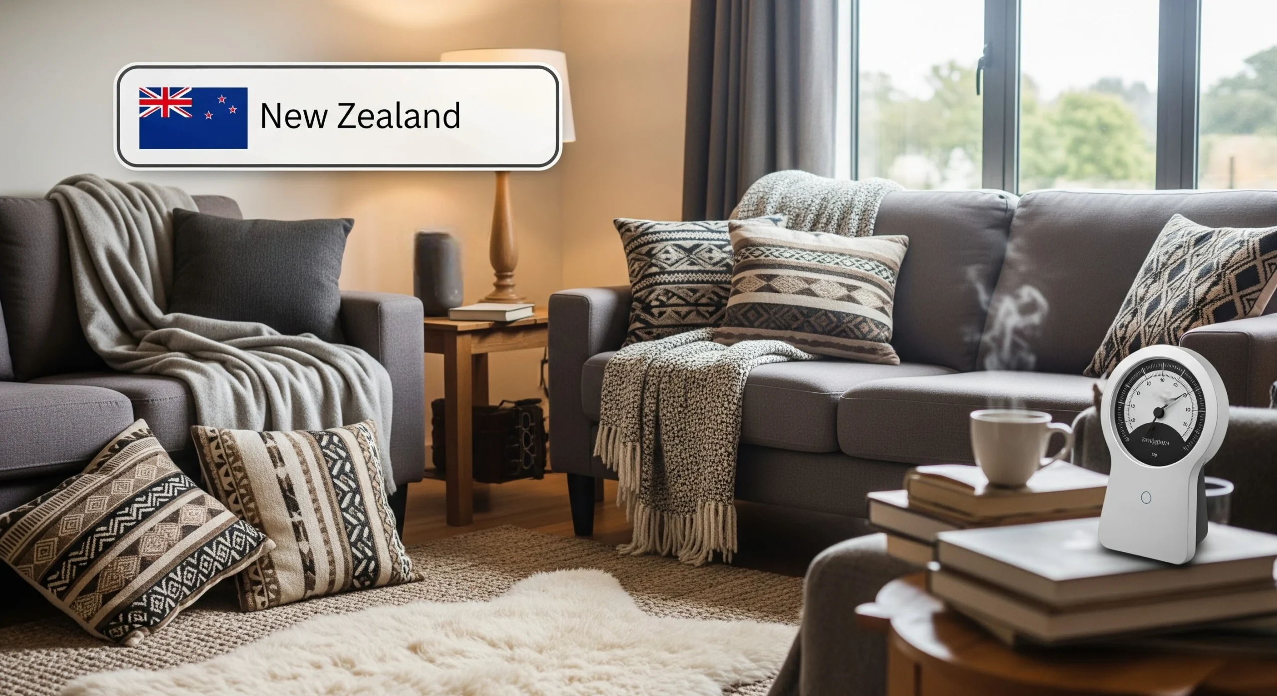 Comfortable New Zealand living room with warm textiles and hygrometer