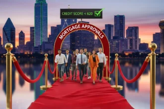 Dallas skyline with velvet-rope scene symbolizing easier conventional mortgage approvals below a 620 credit score.