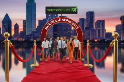 Dallas skyline with velvet-rope scene symbolizing easier conventional mortgage approvals below a 620 credit score.