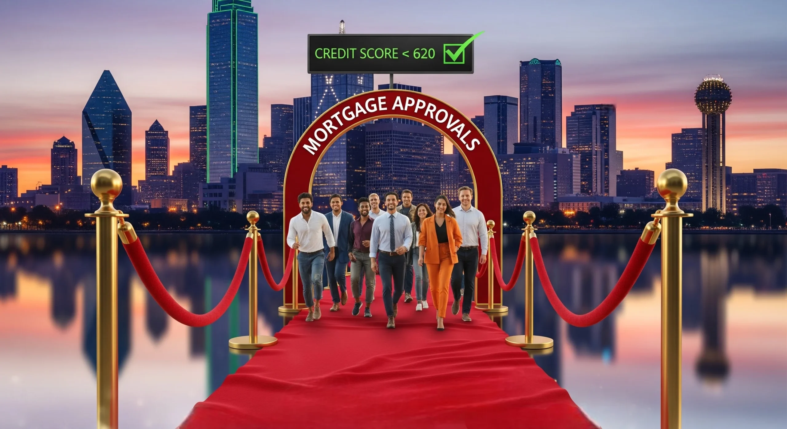 Dallas skyline with velvet-rope scene symbolizing easier conventional mortgage approvals below a 620 credit score.