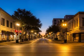 Dallas street intersection showing contrasting neighborhood lighting and upkeep at dusk