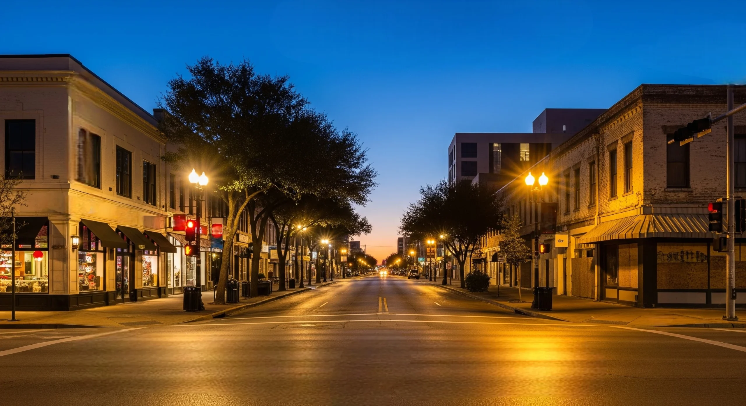 Dallas street intersection showing contrasting neighborhood lighting and upkeep at dusk