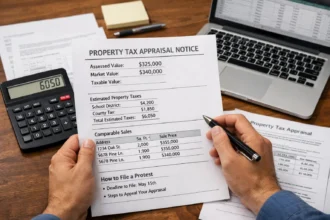 Dallas homeowner reviewing a property tax appraisal with paperwork, calculator, and laptop before filing a protest.