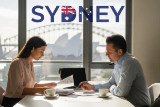 First-time homebuyers in Sydney reviewing paperwork with a real estate agent at home