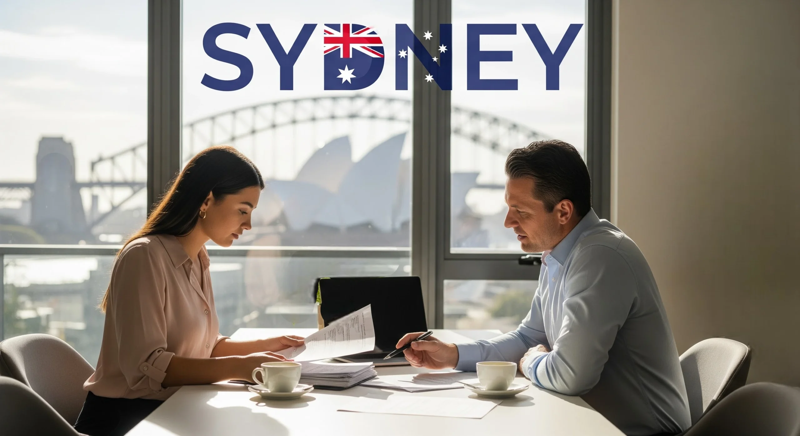 First-time homebuyers in Sydney reviewing paperwork with a real estate agent at home