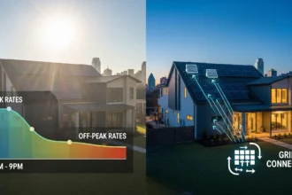 Dallas home with solar power visuals showing time-based electricity rates and grid changes