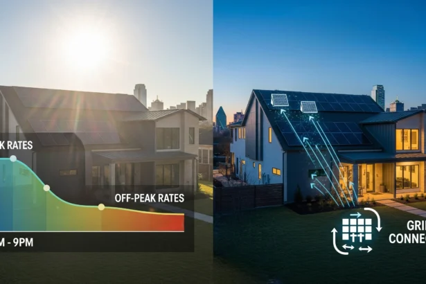 Dallas home with solar power visuals showing time-based electricity rates and grid changes