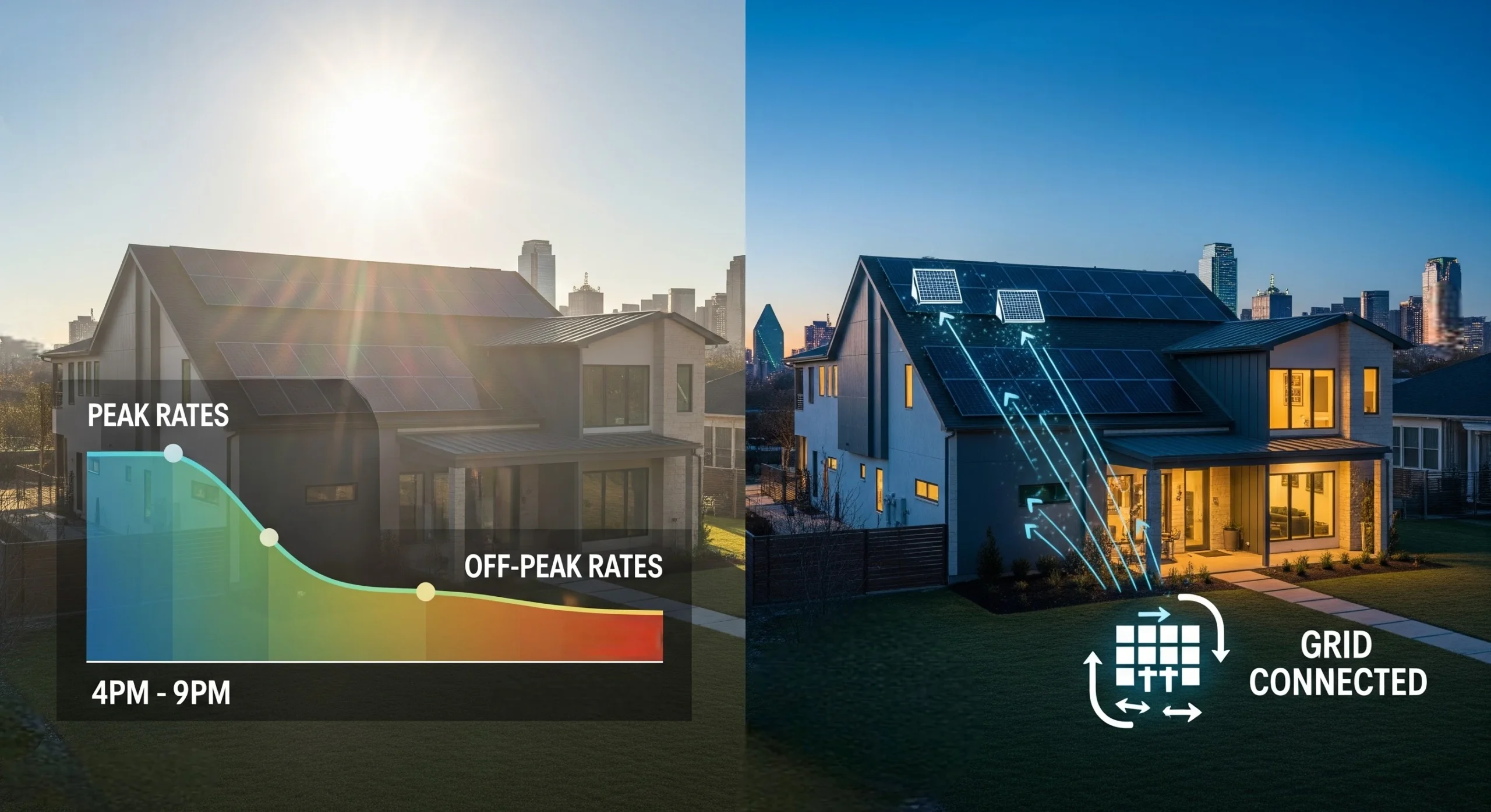 Dallas home with solar power visuals showing time-based electricity rates and grid changes