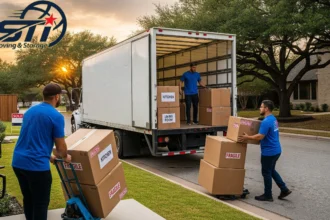 Professional movers loading labeled boxes into a moving truck outside a Dallas home