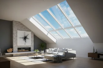 High-performance skylight on a sloped roof brightening a modern living room
