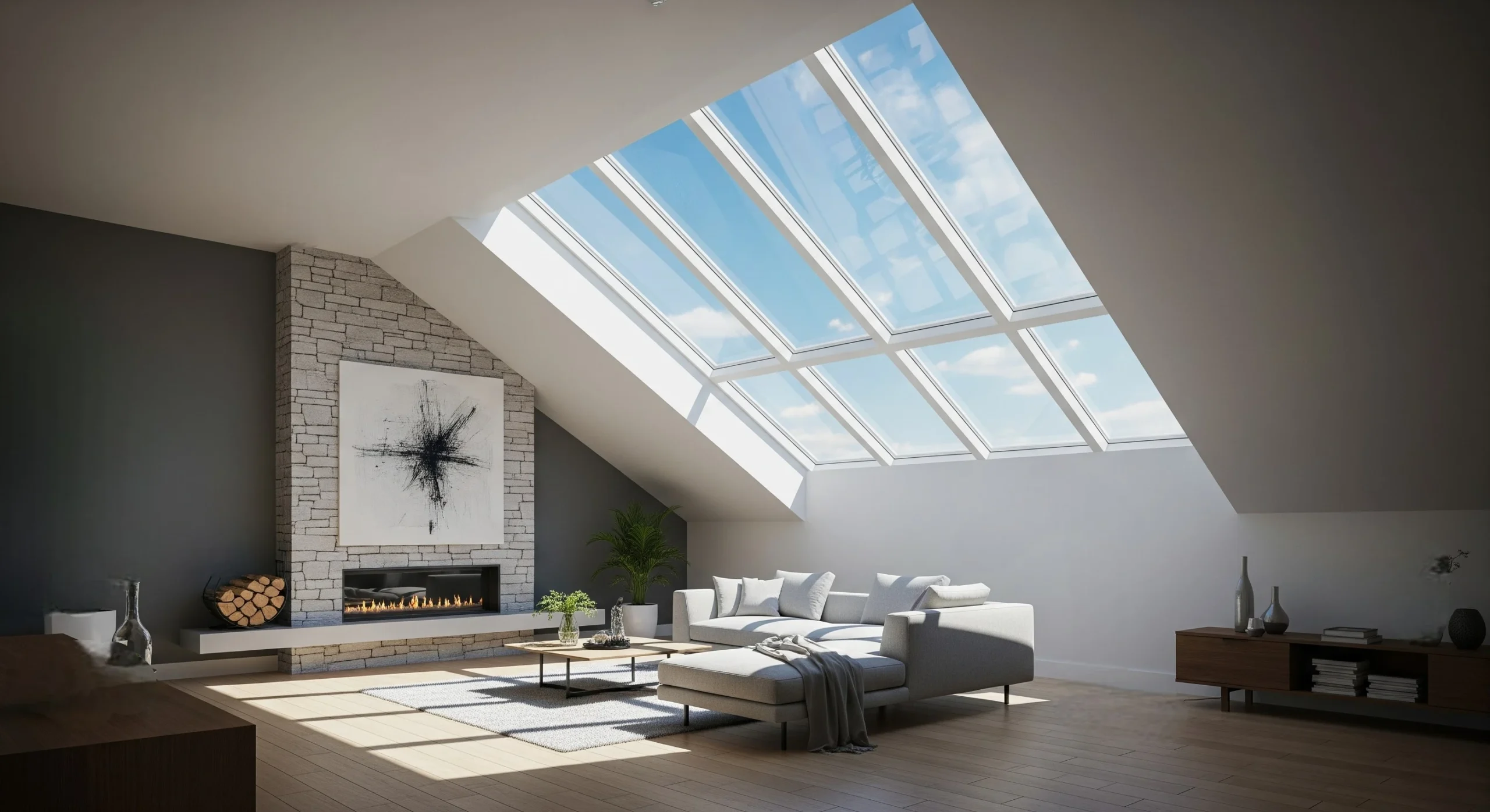 High-performance skylight on a sloped roof brightening a modern living room