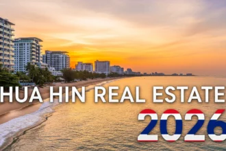 Beachfront condos and shoreline in Hua Hin, Thailand at golden hour