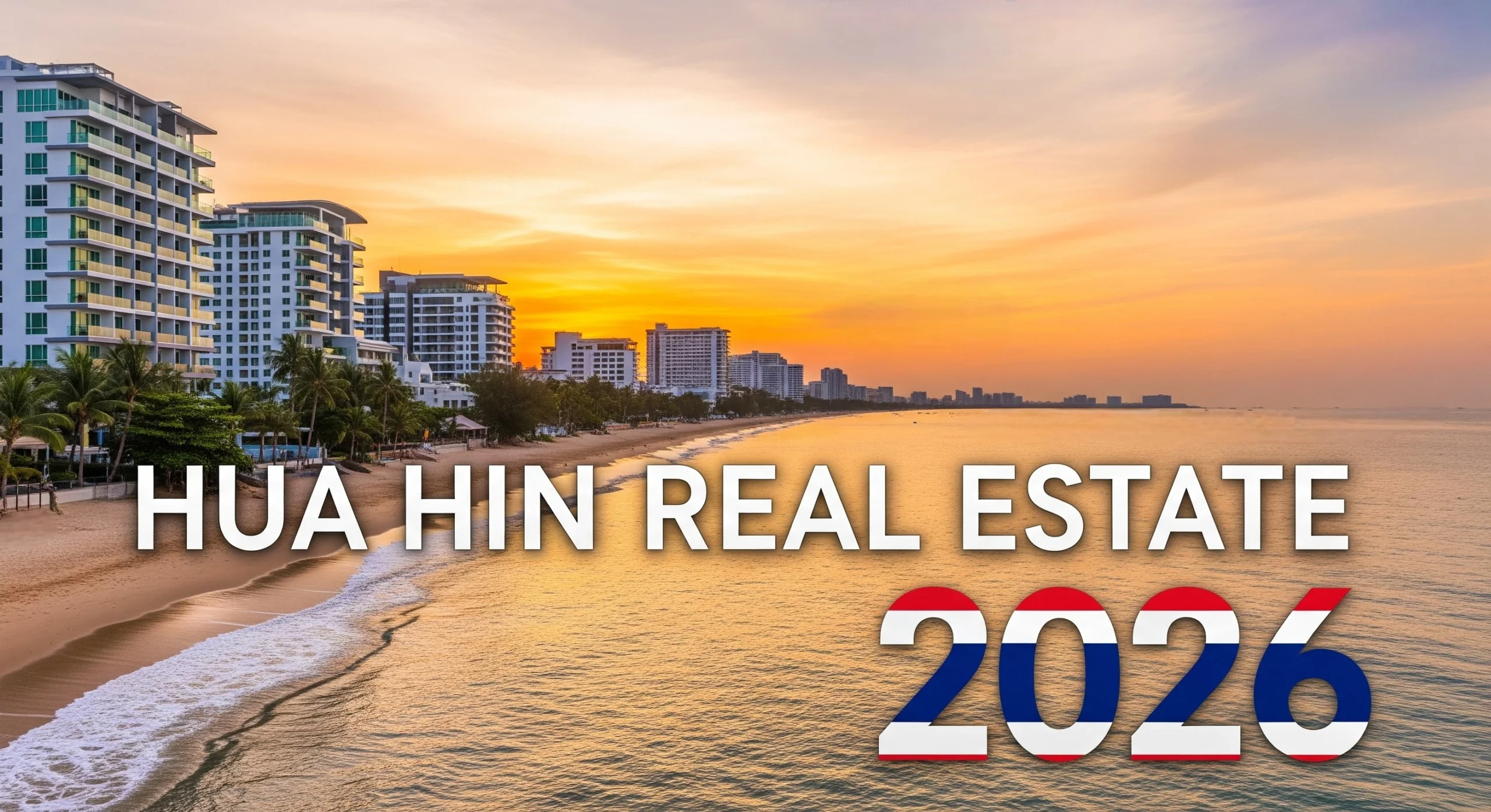 Beachfront condos and shoreline in Hua Hin, Thailand at golden hour