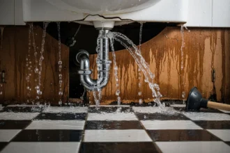 Burst pipe under a Manchester bathroom sink with water spreading across the floor