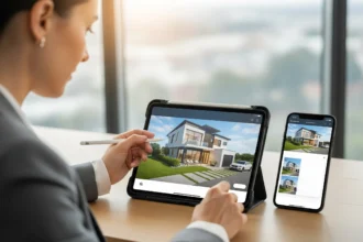 Realtor viewing an interactive digital property brochure on a tablet with a mobile view beside it