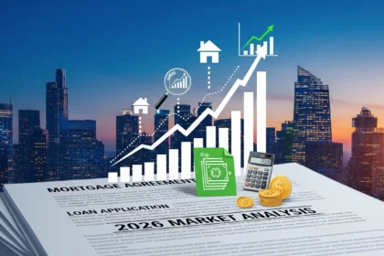 Dallas skyline with mortgage documents and home financing elements for 2026 market trends