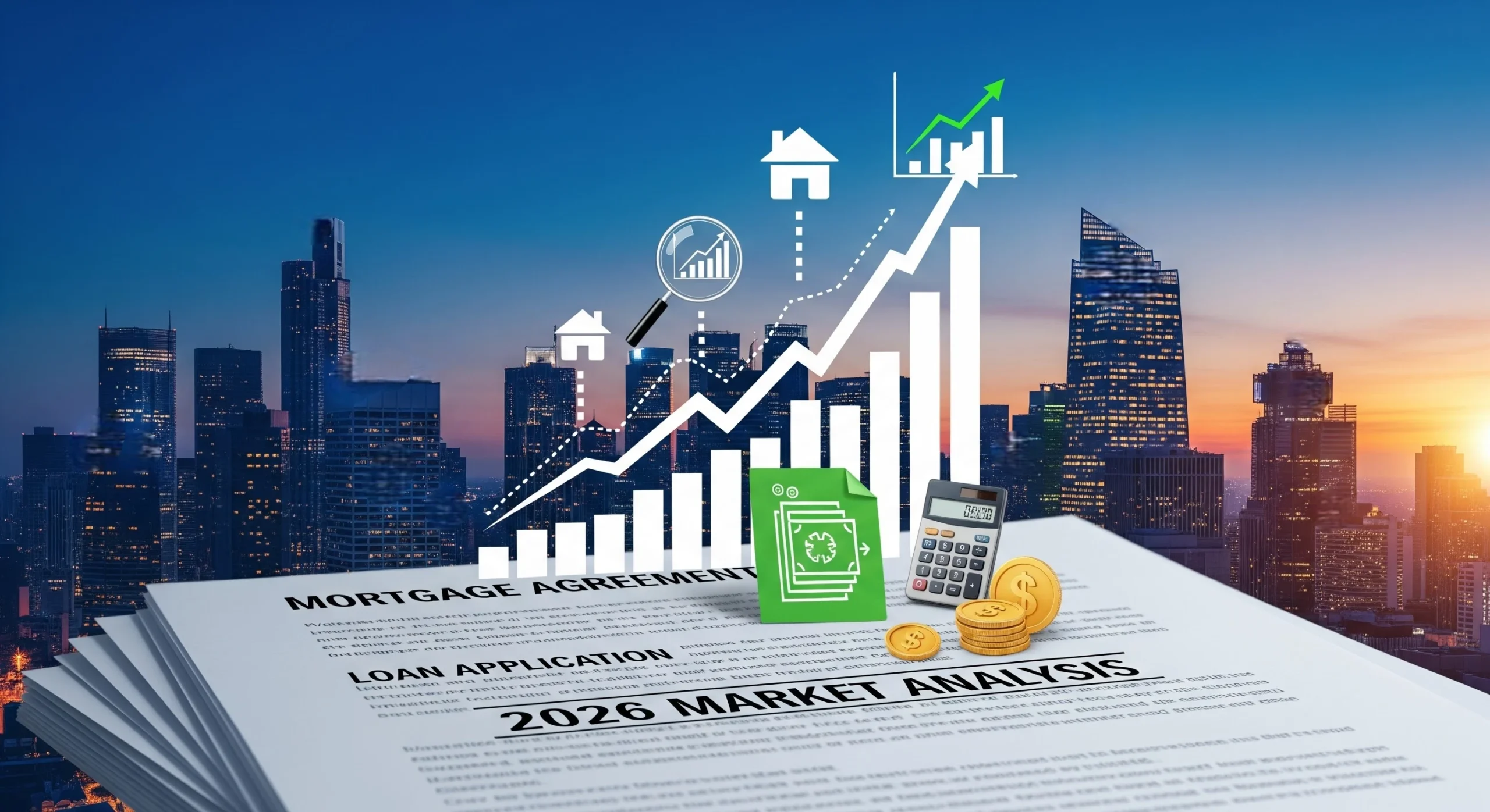 Dallas skyline with mortgage documents and home financing elements for 2026 market trends
