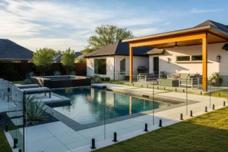Modern North Texas backyard with in-ground pool, safety fence, and pergola