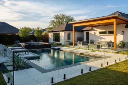 Modern North Texas backyard with in-ground pool, safety fence, and pergola