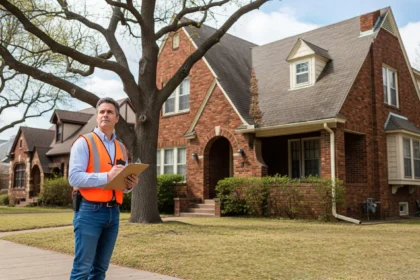 Home inspector reviewing an older Dallas home exterior before purchase