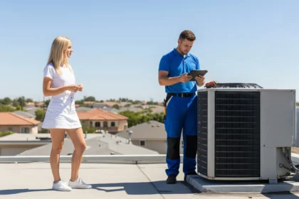 Technician inspecting building HVAC to prevent costly repairs