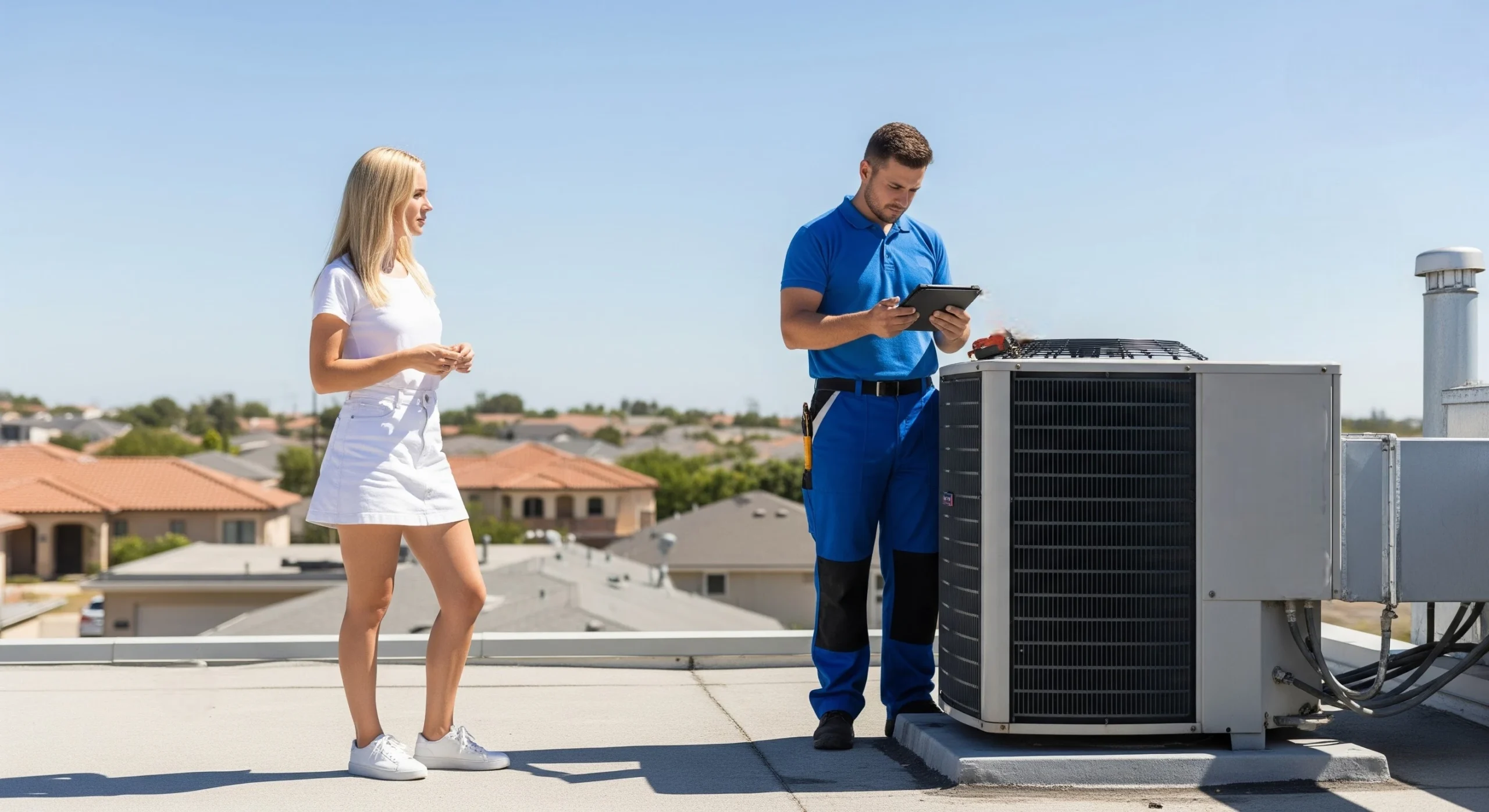 Technician inspecting building HVAC to prevent costly repairs