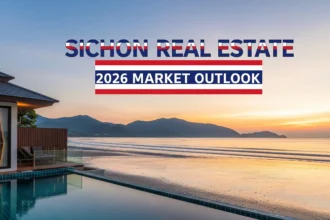 Sichon Beach sunrise with luxury villa and mountain backdrop in Nakhon Si Thammarat