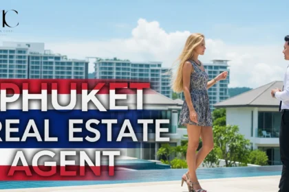 International buyer meeting a real estate agent in Phuket with condos and pool villas in the background