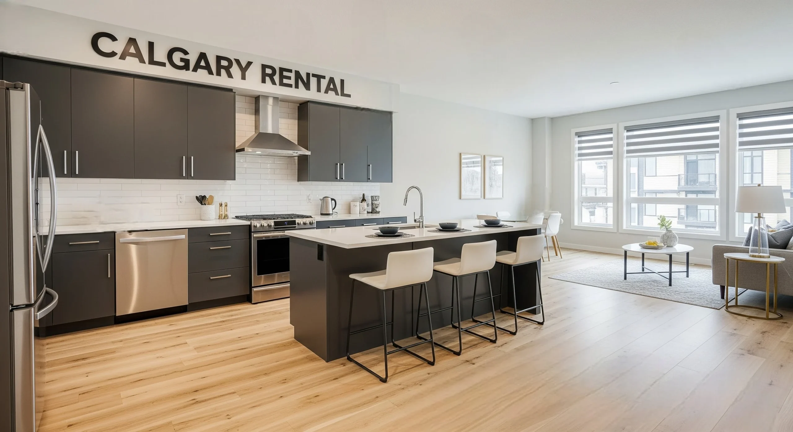 Renovated Calgary rental interior with modern kitchen and updated flooring