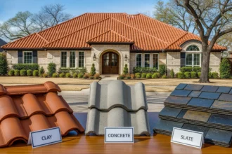 Dallas home with clay roof tiles and material samples showing clay, concrete, and slate options