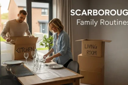 Family setting a dinner table in a newly moved-in Scarborough home with unpacked boxes nearby