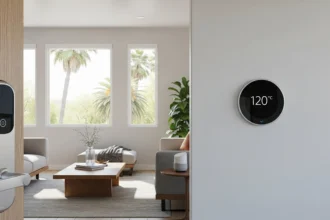 Modern California rental interior with smart lock, smart thermostat, and subtle security tech