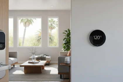 Modern California rental interior with smart lock, smart thermostat, and subtle security tech