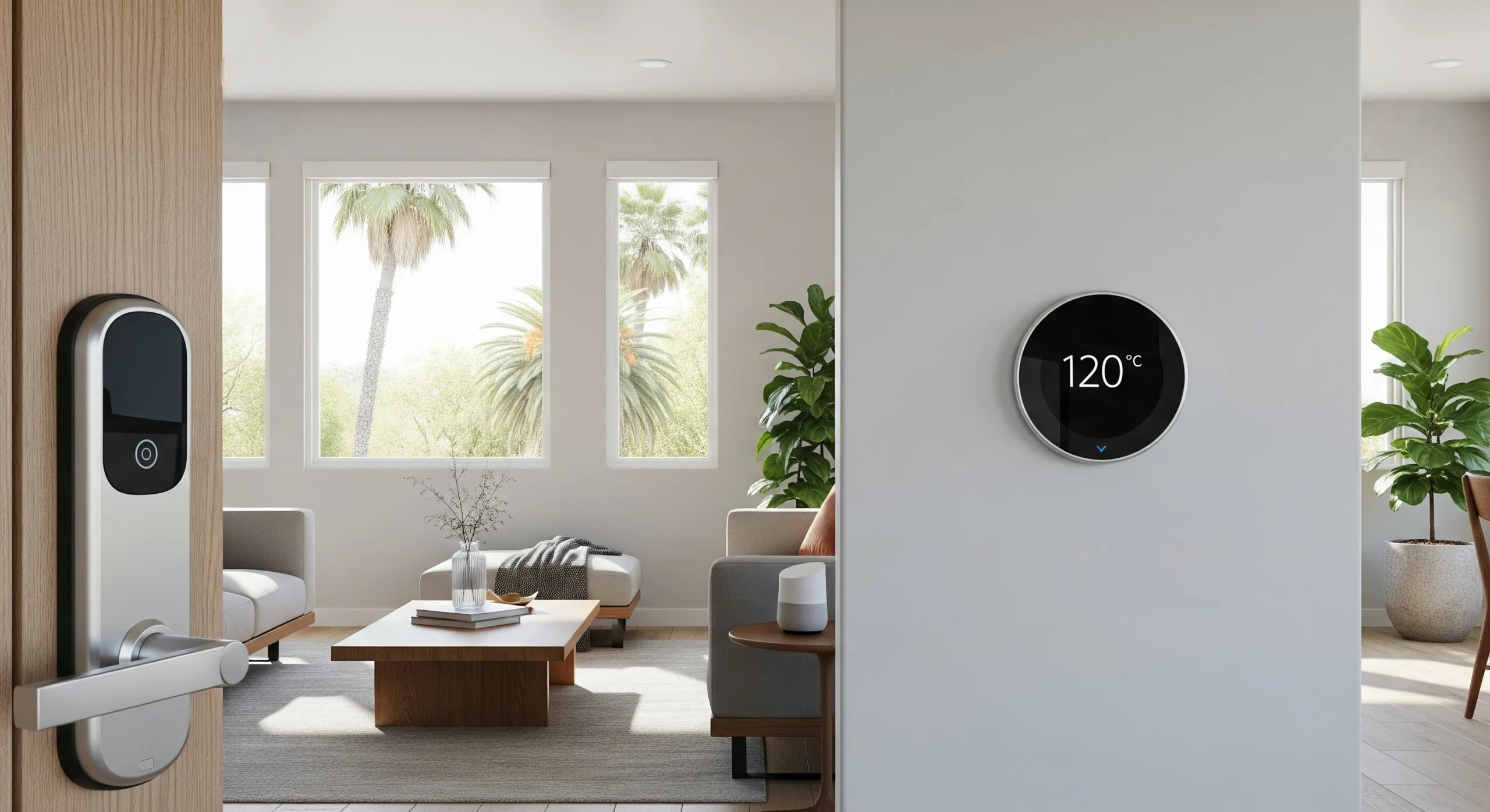 Modern California rental interior with smart lock, smart thermostat, and subtle security tech